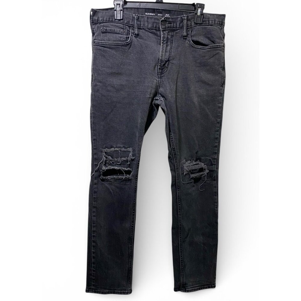 Old Navy Slim BuiltIn Flex Jeans Mens 34x32 Washed Black Distressed Ripped Knees